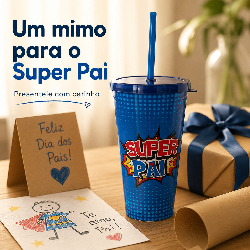 Copo Super Pai Com Tampa E Canudo Presente Dia Dos Pais Garrafa Para Pai Azul Criativo Uso Diário
