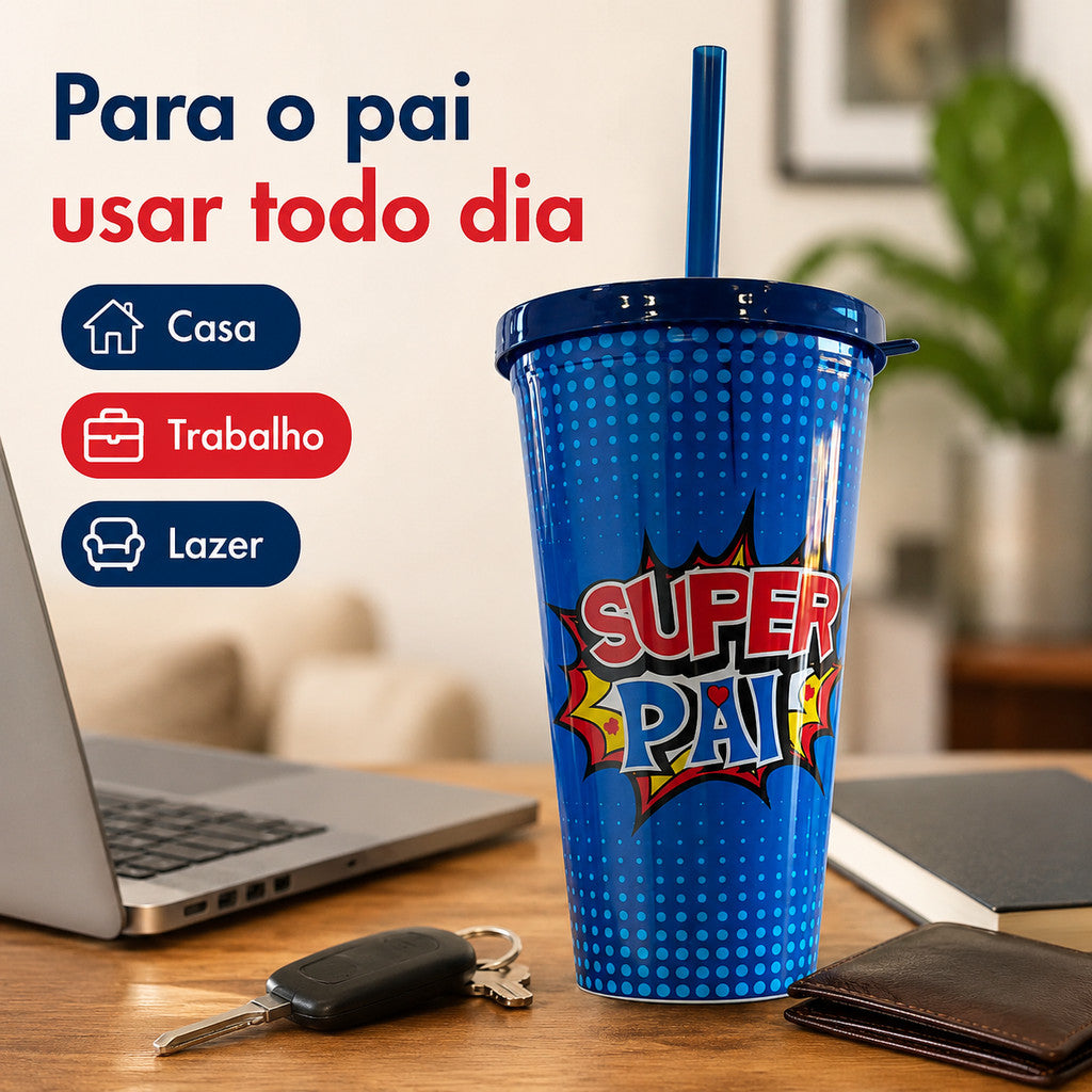 Copo Super Pai Com Tampa E Canudo Presente Dia Dos Pais Garrafa Para Pai Azul Criativo Uso Diário