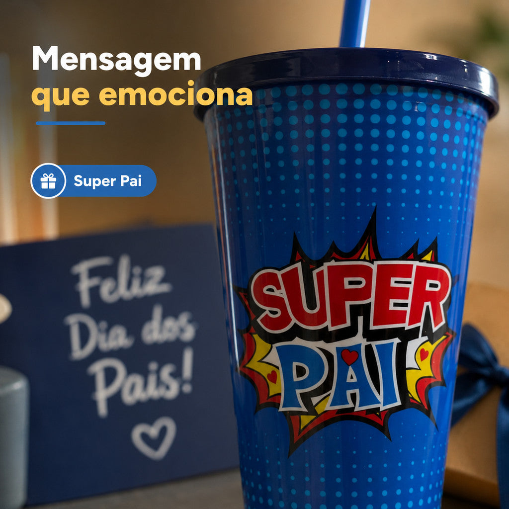 Copo Super Pai Com Tampa E Canudo Presente Dia Dos Pais Garrafa Para Pai Azul Criativo Uso Diário