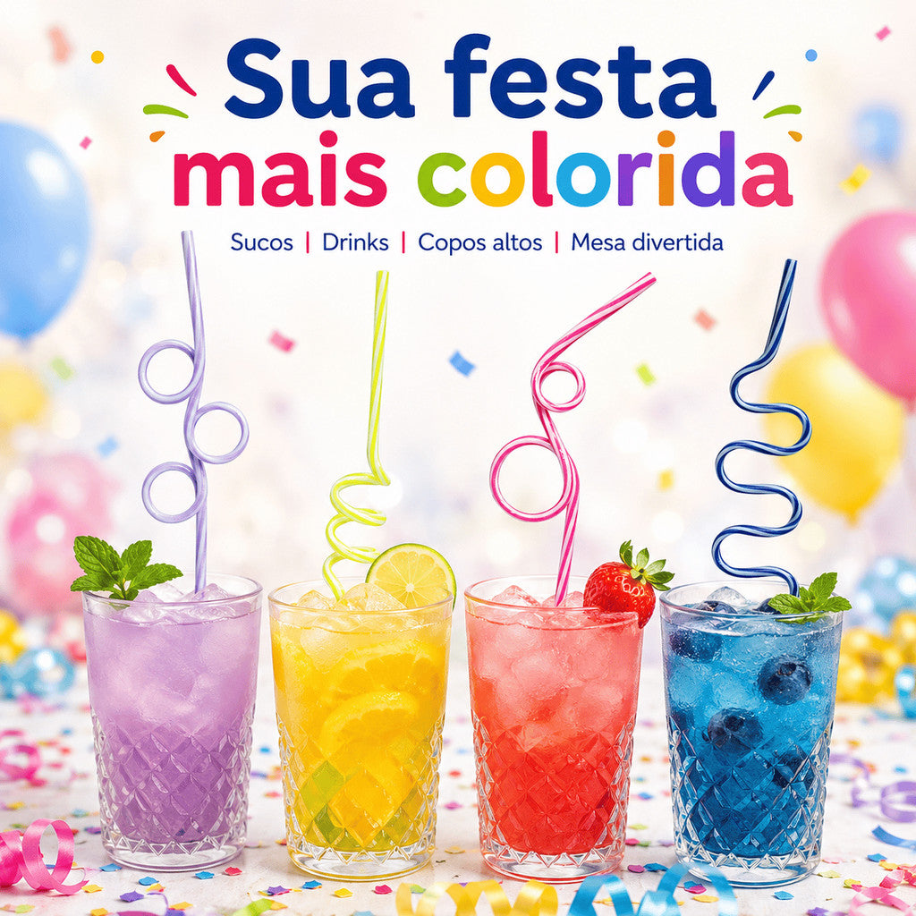 Kit 4 Canudos Para Drinks Coloridos Espiral Acrílico 27cm Festa Reutilizável Para Bebidas Festa