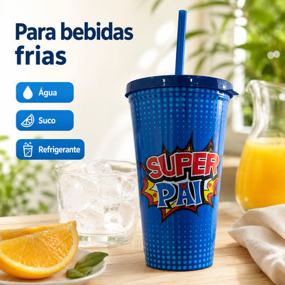 Copo Super Pai Com Tampa E Canudo Presente Dia Dos Pais Garrafa Para Pai Azul Criativo Uso Diário