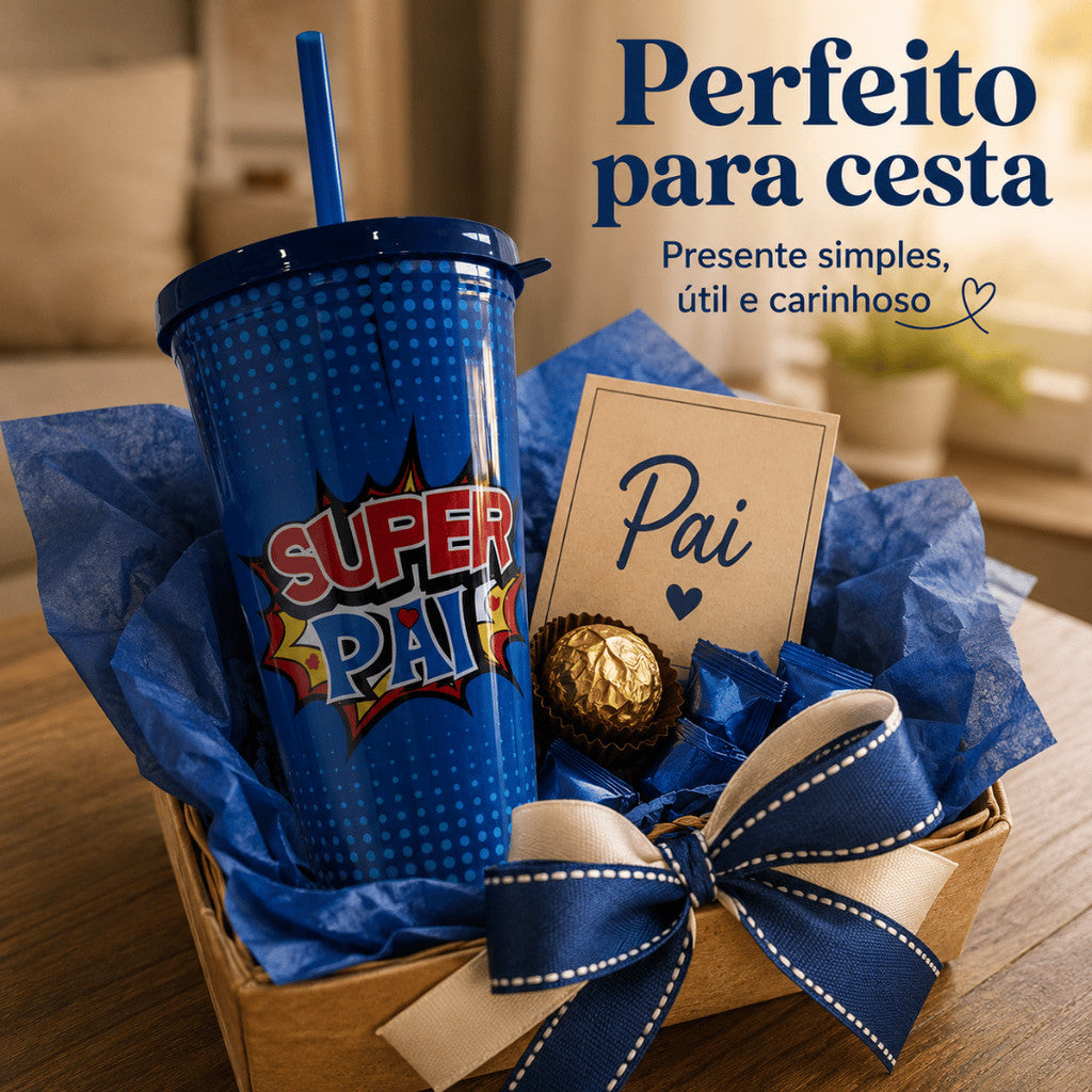 Copo Super Pai Com Tampa E Canudo Presente Dia Dos Pais Garrafa Para Pai Azul Criativo Uso Diário