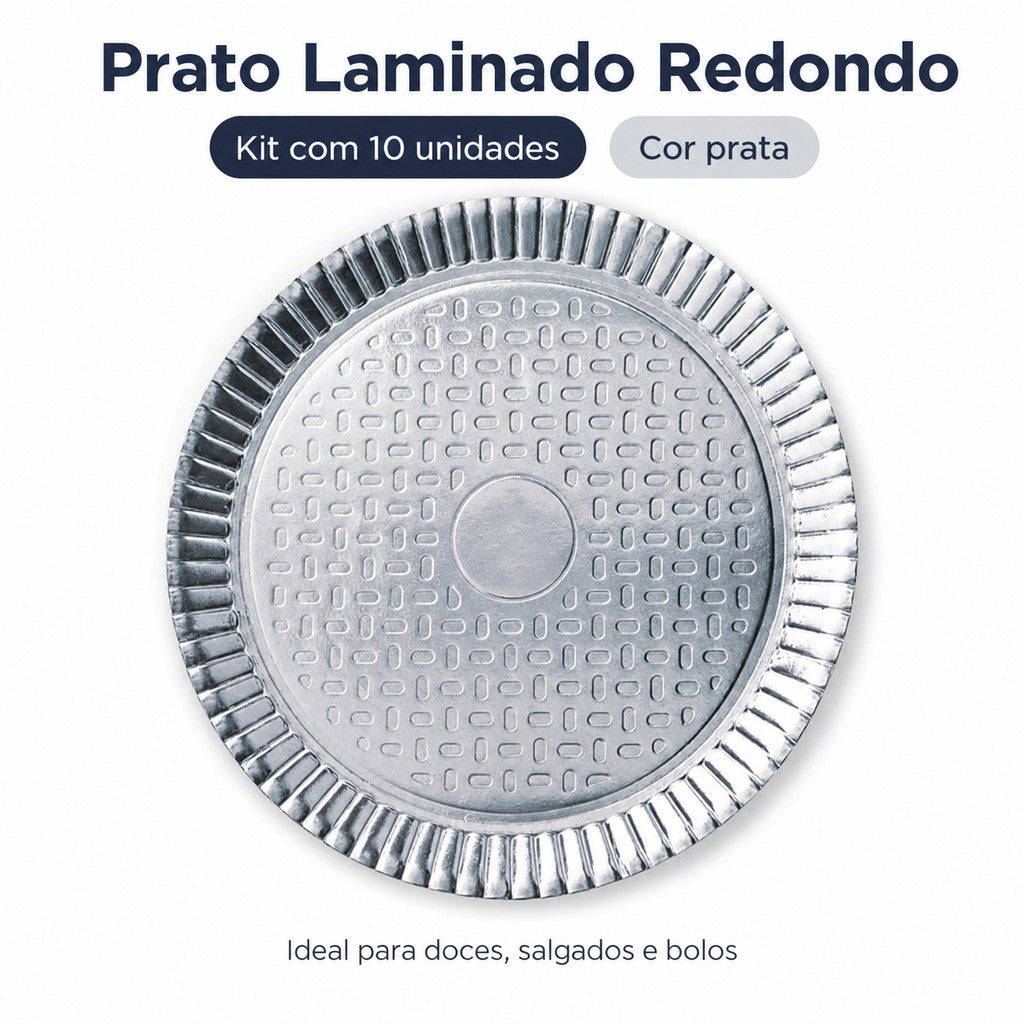 Prato Laminado Redondo Prata Kit 10 Un Prato Descartável Para Bolo Kit Festa Aniversário Decoração N3 A N8