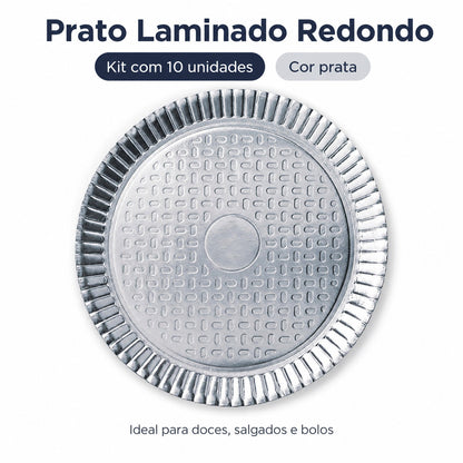 Prato Laminado Redondo Prata Kit 10 Un Prato Descartável Para Bolo Kit Festa Aniversário Decoração N3 A N8