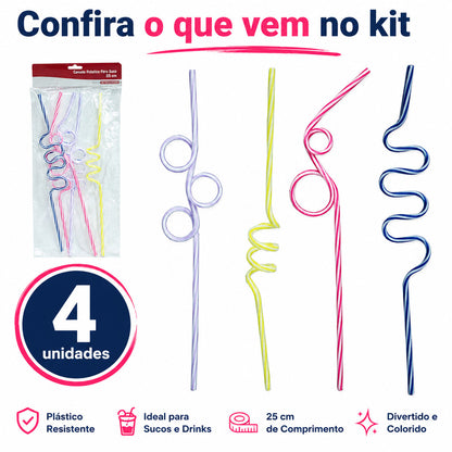 Kit 4 Canudos Para Drinks Coloridos Espiral Acrílico 27cm Festa Reutilizável Para Bebidas Festa