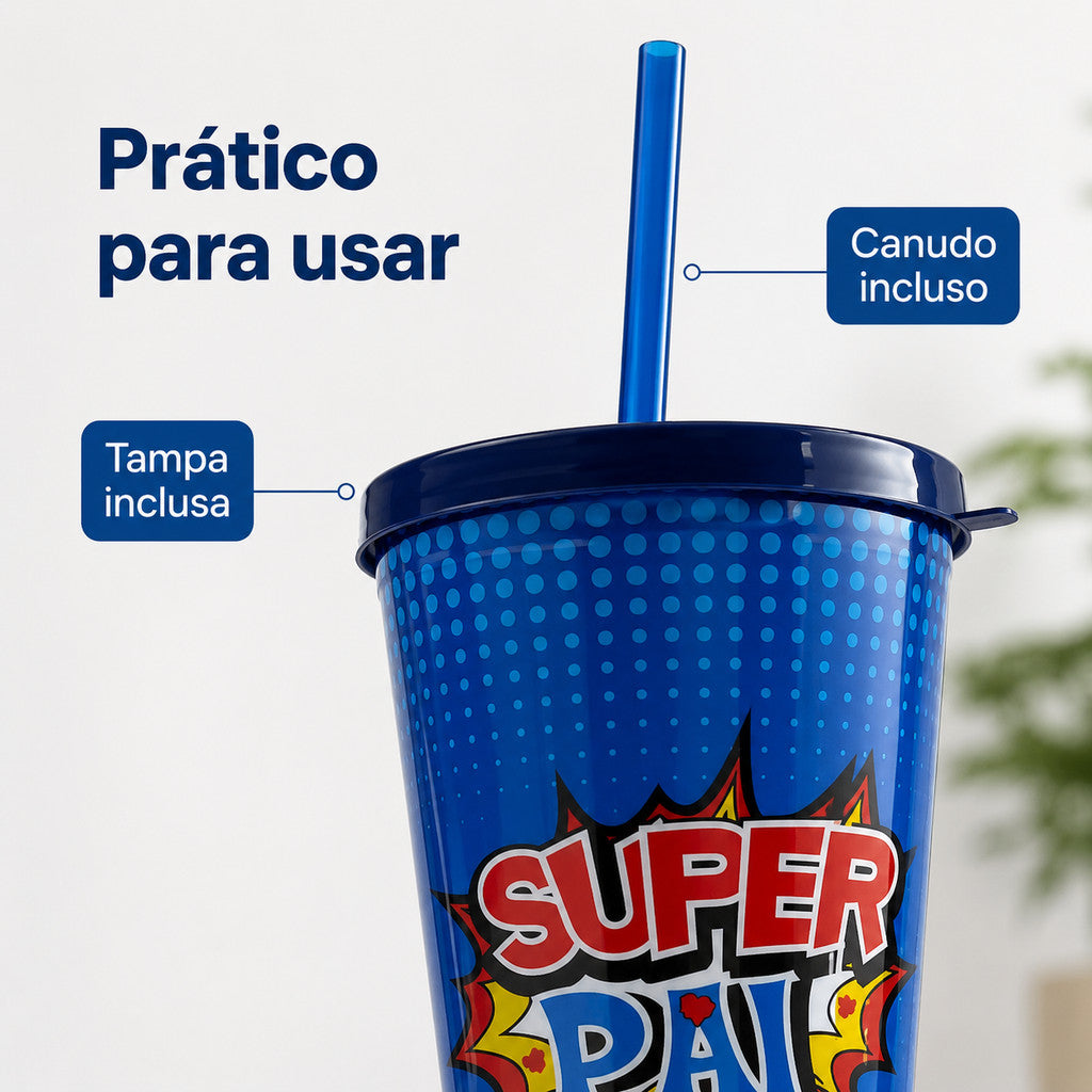Copo Super Pai Com Tampa E Canudo Presente Dia Dos Pais Garrafa Para Pai Azul Criativo Uso Diário