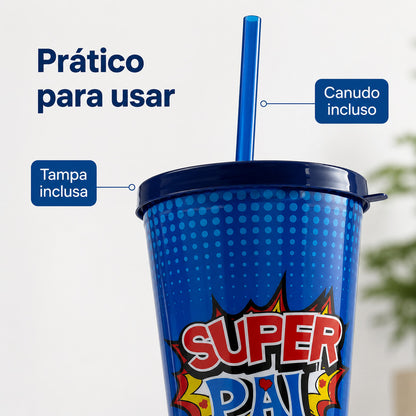 Copo Super Pai Com Tampa E Canudo Presente Dia Dos Pais Garrafa Para Pai Azul Criativo Uso Diário