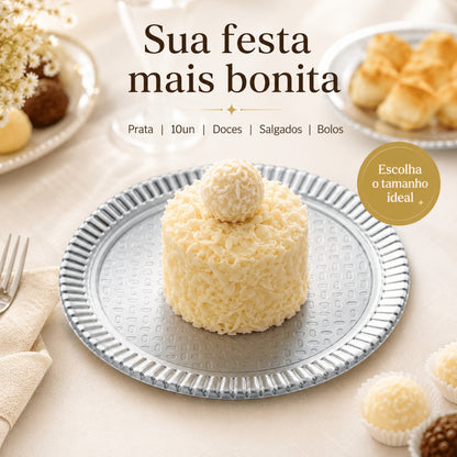 Prato Laminado Redondo Prata Kit 10 Un Prato Descartável Para Bolo Kit Festa Aniversário Decoração N3 A N8